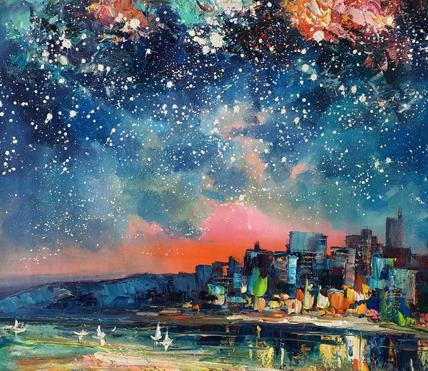 Abstract Oil Painting for Sale, Sail Boat under Starry Night Sky Painting, Custom Original Painting, Landscape Painting-Grace Painting Crafts