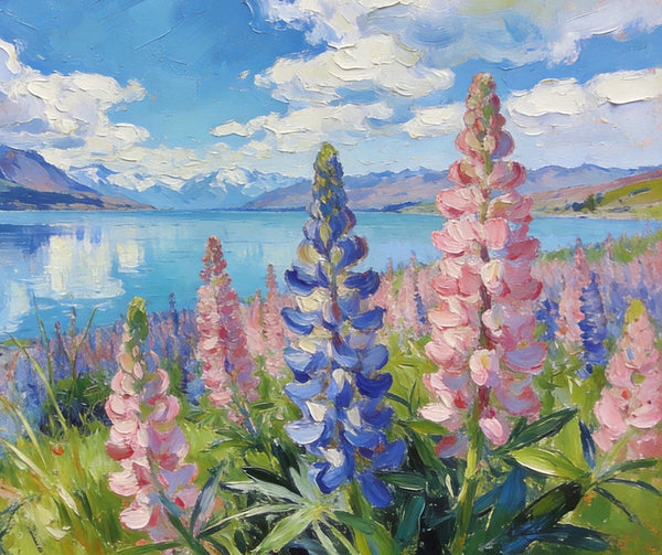 Stunning New Zealand Lake Landscape, Lupins in Bloom, Landscape Paintings on Canvas, Original Oil Paintings, Palette Knife Oil Paintings, Small Landscape Paintings, Hand Painted Canvas Artwork-Grace Painting Crafts