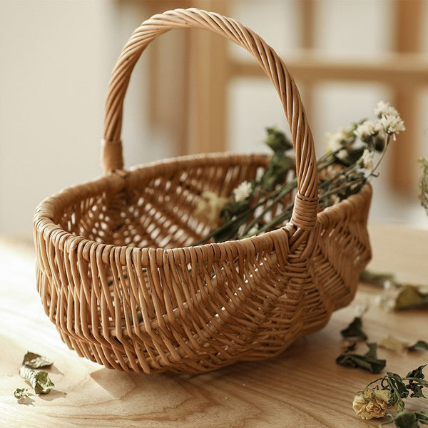 Natural Fruit Basket, Kitchen Storage Baskets, Natural Hand-woven Wicker Storage Basket, Large Picnic Food Basket with Handle, Lovely Willow Weaving Baskets for Vegetable-Grace Painting Crafts