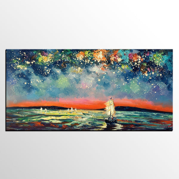 Sail Boat under Starry Night Sky Painting, Landscape Painting, Original Artwork, Custom Extra Large Canvas Painting-Grace Painting Crafts