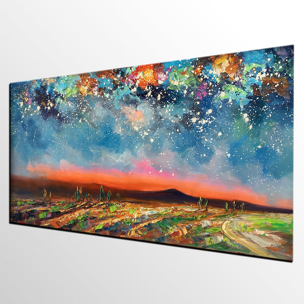 Starry Night Sky Painting, Custom Landscape Painting, Canvas Painting for Bedroom-Grace Painting Crafts