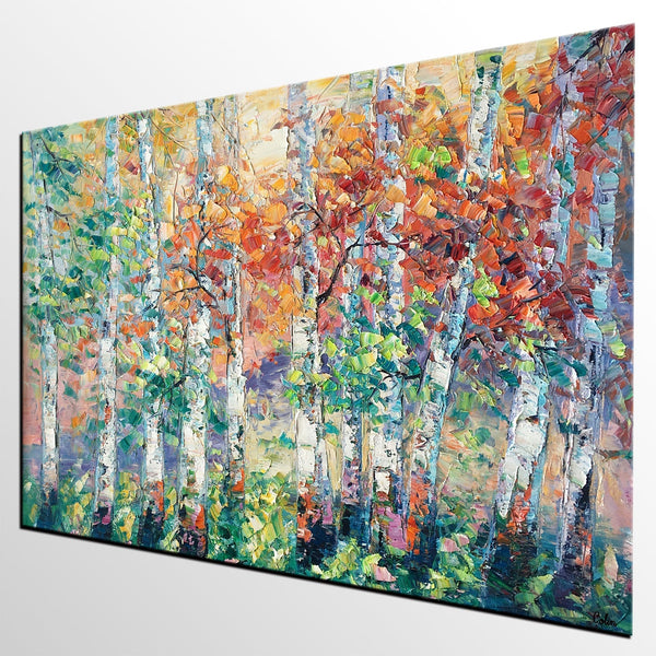 Autumn Paintings, Birch Tree Painting, Landscape Canvas Painting, Landscape Painting for Dining Room, Custom Canvas Painting-Grace Painting Crafts