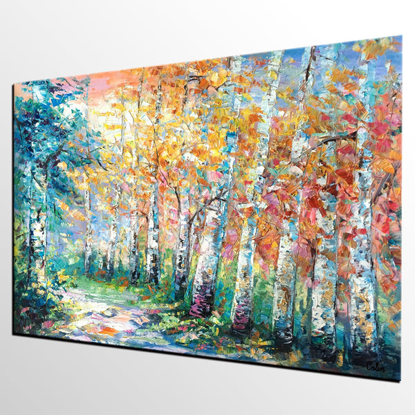 Landscape Painting, Canvas Painting, Birch Tree, Custom Large Abstract Art, Heavy Texture Art-Grace Painting Crafts