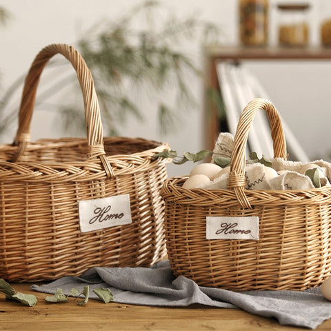 Hand-woven Wicker Storage Basket, Large Picnic Food Basket with Handle, Willow Weaving Baskets for Vegetable, Natural Fruit Basket, Kitchen Storage Baskets-Grace Painting Crafts