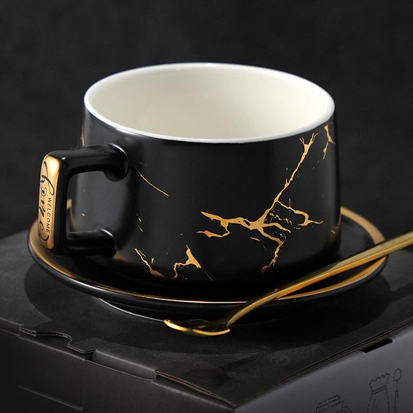 Large Tea Cup, White Coffee Cup, Black Coffee Mug, Ceramic Cup, Coffee Cup and Saucer Set-Grace Painting Crafts