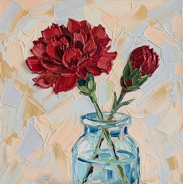 Small Canvas Artwork, Hand Painted Canvas Art, Red Carnations in Glass Vase, Still Life Painting, Original Acrylic Flower Paintings, Impasto Artwork-Grace Painting Crafts