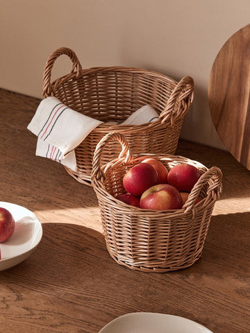 Large Picnic Fruit Basket with Handle, Natural Hand-woven Wicker Round Storage Basket, Lovely Willow Weaving Baskets for Vegetable, Natural Fruit Storage Basket, Kitchen Storage Baskets-Grace Painting Crafts