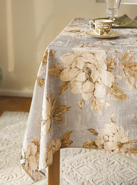 Peony Flower Tablecloth for Round Table, Beautiful Kitchen Table Cover, Linen Table Cover for Dining Room Table, Simple Modern Rectangle Tablecloth Ideas for Oval Table-Grace Painting Crafts