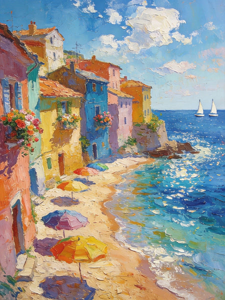 Coastal Township Landscape, Seashore Paintings, Original Wall Art Paintings, Small Oil Paintings, Hand Painted Canvas Wall Art, Heavy Texture Artwork, Canvas Paintings for Living Room-Grace Painting Crafts