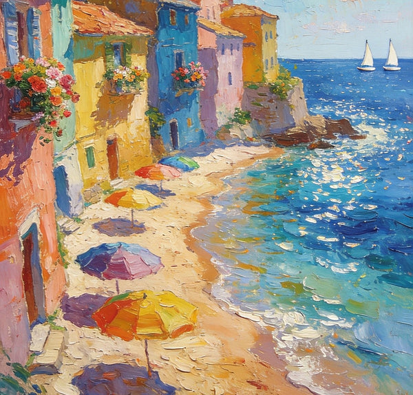 Coastal Township Landscape, Seashore Paintings, Original Wall Art Paintings, Small Oil Paintings, Hand Painted Canvas Wall Art, Heavy Texture Artwork, Canvas Paintings for Living Room-Grace Painting Crafts