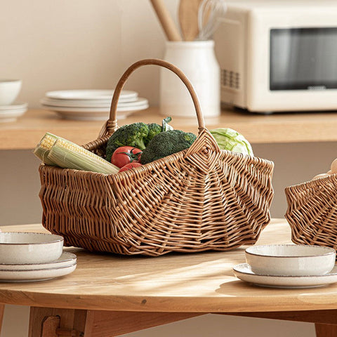 Large Picnic Food Basket with Handle, Natural Hand-woven Wicker Storage Basket, Lovely Willow Weaving Baskets for Vegetable, Natural Fruit Basket, Kitchen Storage Baskets-Grace Painting Crafts