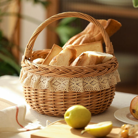 Storage Basket for Shelves, Picnic Storage Basket with Handle, Hand-woven Wicker Storage Basket, Natural Fruit Basket, Willow Weaving Baskets for Kitchen-Grace Painting Crafts