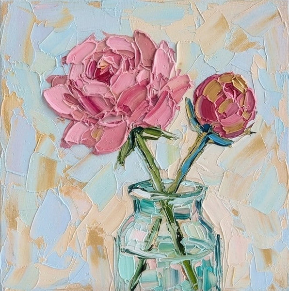 Still Life Painting, Blooming Chinese Rose Flower in Glass Vase, Impasto Heavy Texutre Art, Small Canvas Artwork, Original Flower Paintings, Hand Painted Canvas Art-Grace Painting Crafts