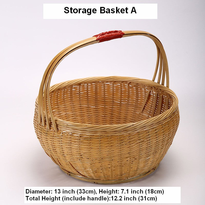 Natural Hand-woven Bamboo Basket, Extra Large Picnic Food Basket with Handle, Lovely Bamboo Baskets for Vegetable, Natural Fruit Basket Kitchen Storage Baskets-Grace Painting Crafts