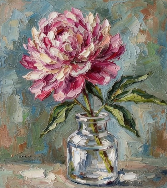 Hand Painted Canvas Art, Blooming Pink Peony in Glass Vase, Still Life Painting, Impasto Heavy Texutre Art, Small Canvas Artwork, Original Flower Paintings-Grace Painting Crafts