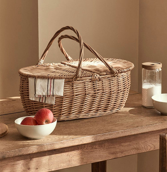 Extra Large Picnic Food Basket with Handle, Kitchen Storage Baskets, Natural Hand-woven Wicker Storage Basket, Lovely Willow Weaving Baskets for Vegetable, Natural Fruit Basket-Grace Painting Crafts