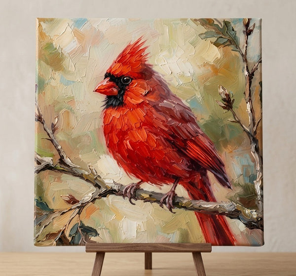 Original Oil Paintings, Northern Cardinal Bird Painting, Hand Painted Canvas Art, Small Art on Canvas, Heavy Texture Painting, Miniature Wall Art-Grace Painting Crafts