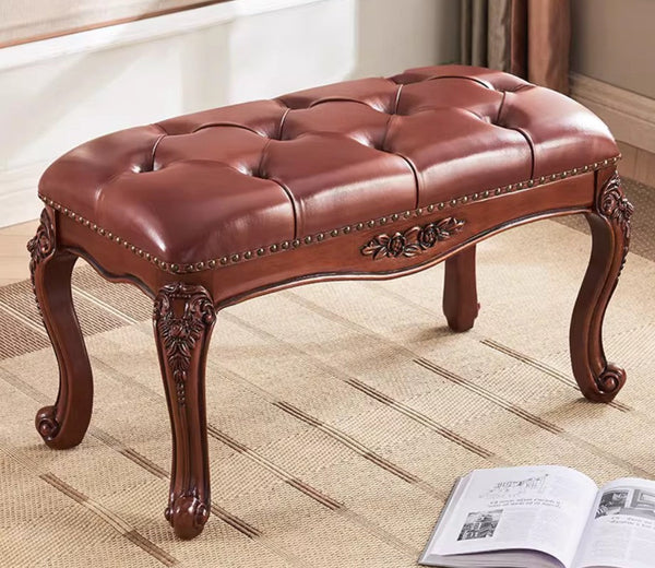 Dressing Table Stool, Rubber Wood Footstool, Vintage Chestnut Brown Leather Stool, Genuine Leather Solid Wood Entry Bench, Farmhouse Entryway Bench, Leather Lounge Chair Modern-Grace Painting Crafts