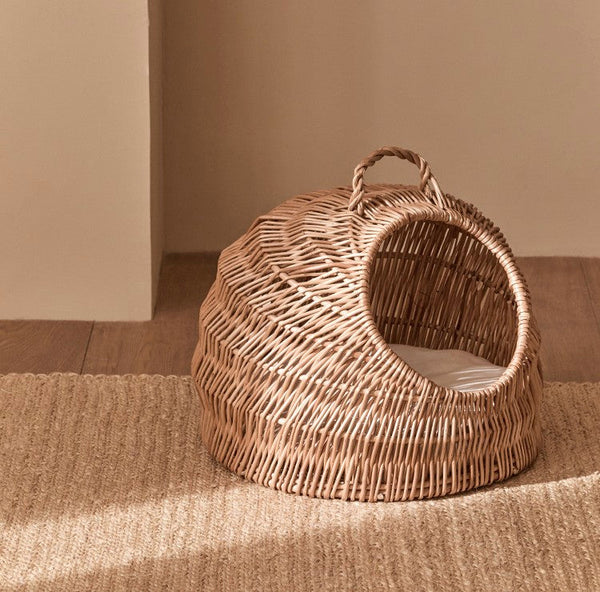 Indoor Cat Bed, Natural Wicker Cat House Basket with Washable Cushion for Indoor Cats and Dogs-Grace Painting Crafts