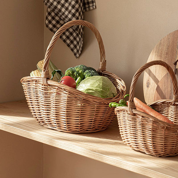 Natural Hand-woven Wicker Storage Basket, Large Picnic Food Basket with Handle, Lovely Willow Weaving Baskets for Vegetable, Natural Fruit Basket, Kitchen Storage Baskets-Grace Painting Crafts