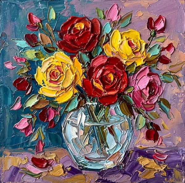 Impasto Heavy Texutre Art, Still Life Painting, Small Canvas Artwork for Sale, Rose Flowers in Full Bloom, Hand Painted Canvas Art, Original Flower Paintings-Grace Painting Crafts