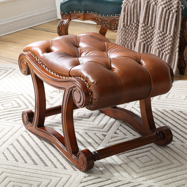 Cherry Wood Footstool, Vintage Leather Stool, Genuine Leather Solid Wood Entry Bench, Long Bench, Vanity Stool, Dressing Table Stool-Grace Painting Crafts