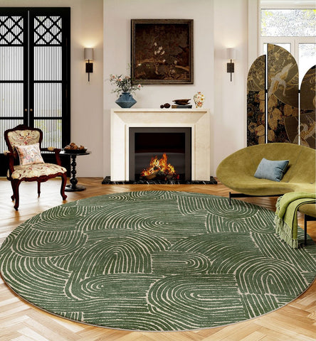 Green Contemporary Modern Rugs, Geometric Round Rugs for Dining Room, Mid Century Round Modern Rugs under Chairs, Bedroom Abstract Modern Area Rugs-Grace Painting Crafts