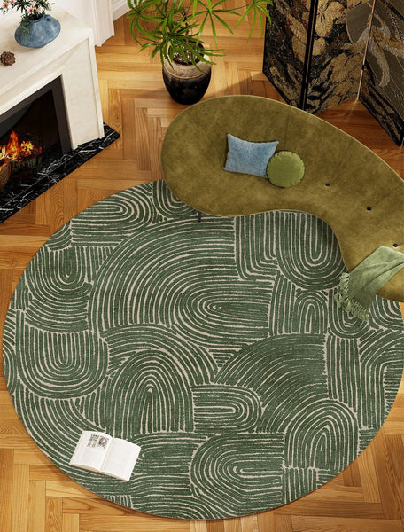 Green Contemporary Modern Rugs, Geometric Round Rugs for Dining Room, Mid Century Round Modern Rugs under Chairs, Bedroom Abstract Modern Area Rugs-Grace Painting Crafts