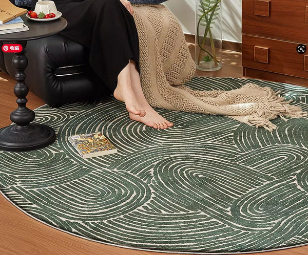 Green Contemporary Modern Rugs, Geometric Round Rugs for Dining Room, Mid Century Round Modern Rugs under Chairs, Bedroom Abstract Modern Area Rugs-Grace Painting Crafts
