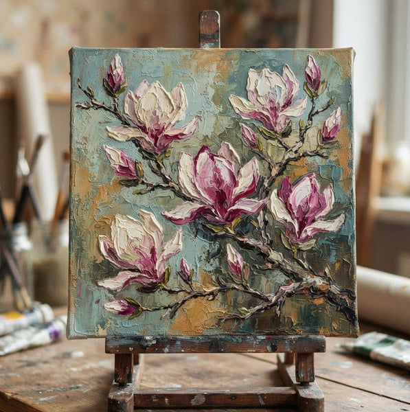 Magnolia Flower Painting, Impasto Heavy Texutre Art, Still Life Painting, Small Canvas Artwork for Sale, Hand Painted Canvas Art, Original Flower Paintings-Grace Painting Crafts