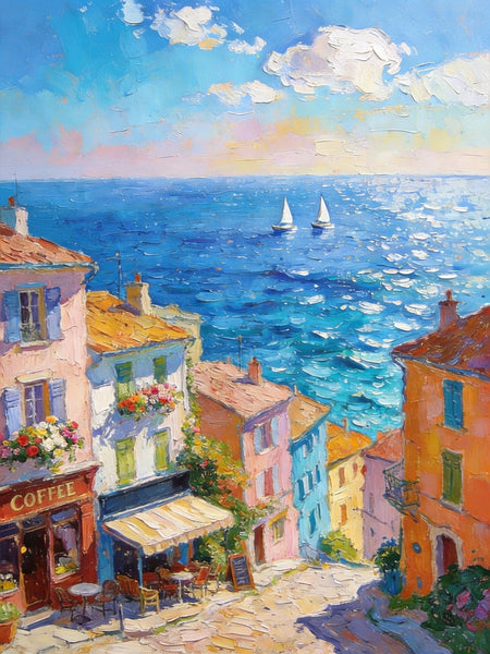 Canvas Paintings for Dining Room, Seaside Town Serene Moment, Seashore Paintings, Heavy Texture Artwork, Original Wall Art Paintings, Small Oil Paintings, Hand Painted Canvas Wall Art-Grace Painting Crafts
