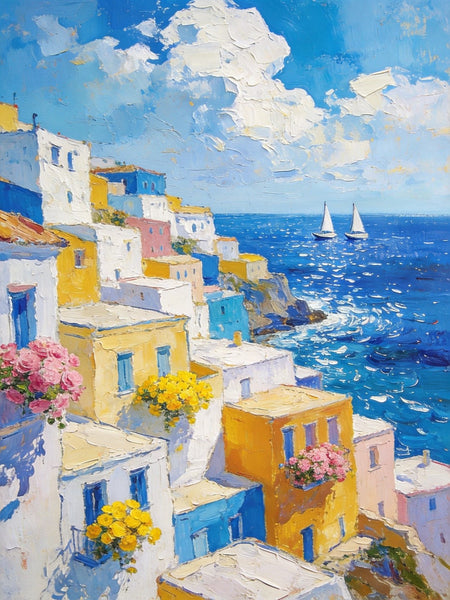 Coatal Village Serenity, Seashore Paintings, Original Artwork, Small Oil Paintings, Hand Painted Canvas Wall Art, Heavy Texture Artwork, Small Canvas Paintings