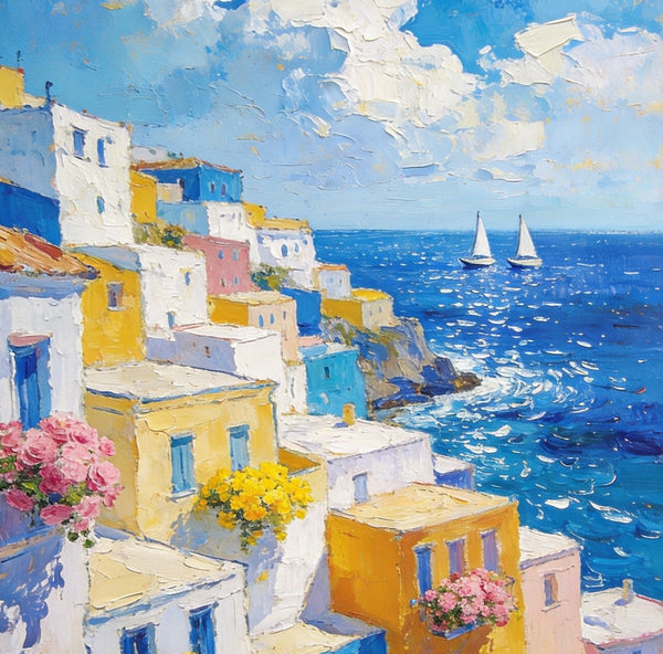 Coatal Village Serenity, Seashore Paintings, Original Artwork, Small Oil Paintings, Hand Painted Canvas Wall Art, Heavy Texture Artwork, Small Canvas Paintings