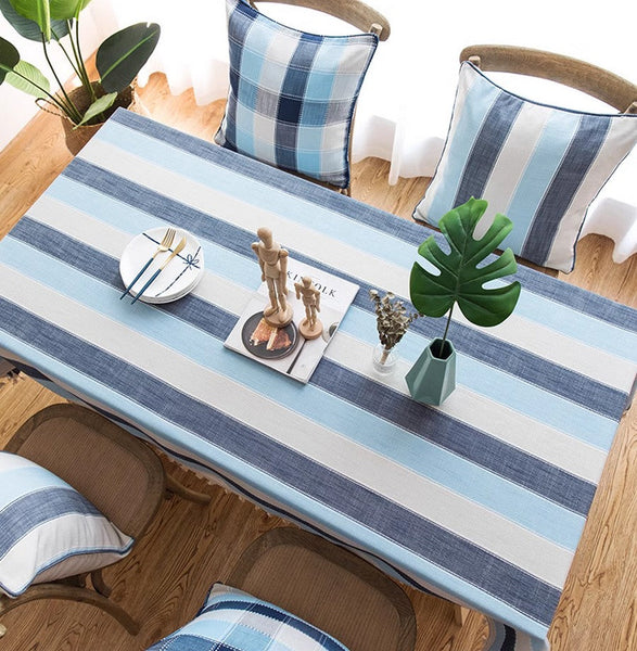 Blue Stripe Rectangular Tablecloth for Oval Table, Cotton and Linen Tablecloths, Rectangular Table Covers for Coffee Table, Modern Table Cloths for Dining Room-Grace Painting Crafts