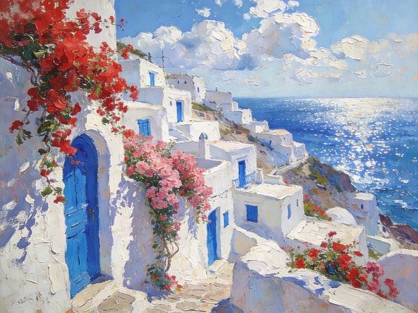 Bougainvillea's Aegean Embrace, Hand Painted Canvas Art, Small Landscape Paintings, Landscape Wall Art for Dining Room, Original Oil Paintings-Grace Painting Crafts