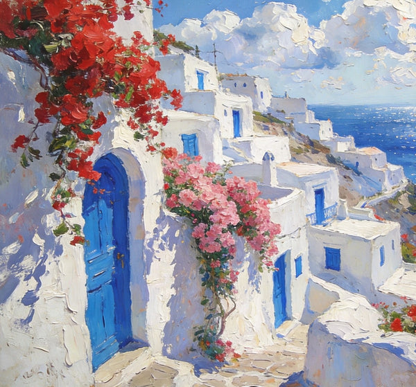 Bougainvillea's Aegean Embrace, Hand Painted Canvas Art, Small Landscape Paintings, Landscape Wall Art for Dining Room, Original Oil Paintings-Grace Painting Crafts
