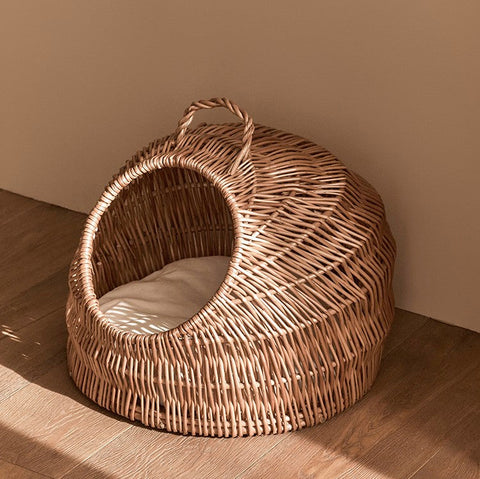 Indoor Cat Bed, Natural Wicker Cat House Basket with Washable Cushion for Indoor Cats and Dogs-Grace Painting Crafts