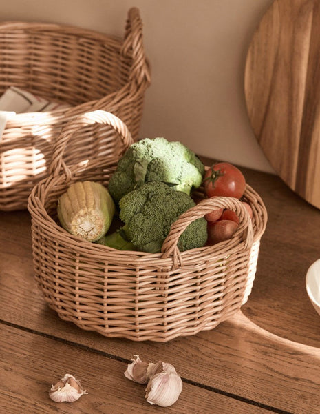 Picnic Fruit Basket with Handle, Kitchen Storage Baskets, Natural Hand-woven Wicker Round Storage Basket, Lovely Willow Weaving Baskets for Vegetable, Natural Fruit Storage Basket-Grace Painting Crafts