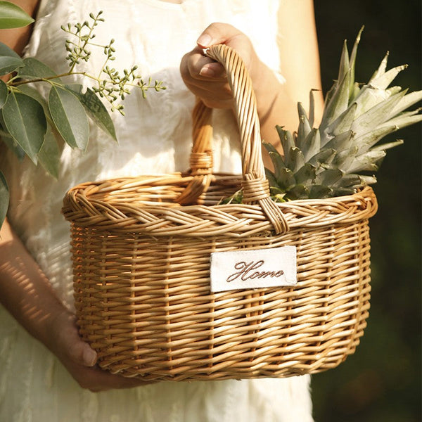 Hand-woven Wicker Storage Basket, Large Picnic Food Basket with Handle, Willow Weaving Baskets for Vegetable, Natural Fruit Basket, Kitchen Storage Baskets-Grace Painting Crafts