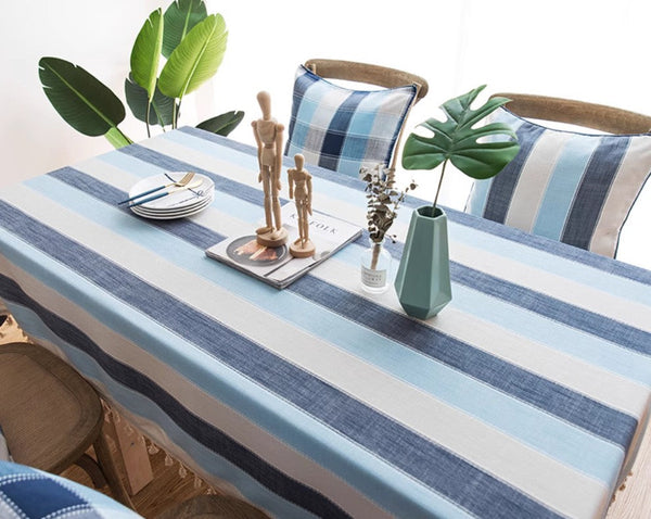 Blue Stripe Rectangular Tablecloth for Oval Table, Cotton and Linen Tablecloths, Rectangular Table Covers for Coffee Table, Modern Table Cloths for Dining Room-Grace Painting Crafts