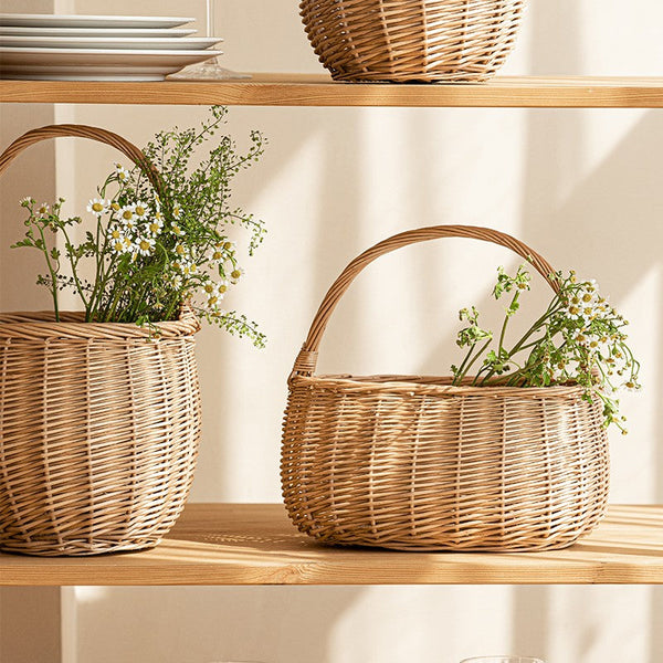 Wicker Storage Basket for Kitchen, Hand-woven Picnic Food Basket with Handle, Willow Weaving Baskets for Vegetable, Natural Fruit Basket, Storage Basket for Shelves-Grace Painting Crafts