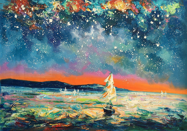 Modern Abstract Art, Oil Painting, Starry Night Sky, Landscape Painting, Bedroom Wall Art-Grace Painting Crafts