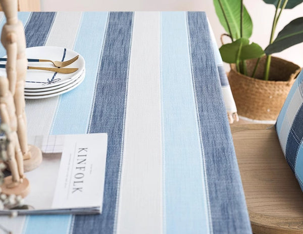 Blue Stripe Rectangular Tablecloth for Oval Table, Cotton and Linen Tablecloths, Rectangular Table Covers for Coffee Table, Modern Table Cloths for Dining Room-Grace Painting Crafts