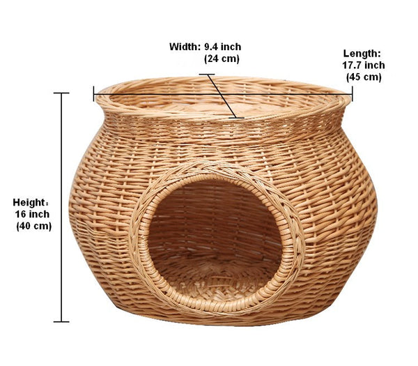 Rattan Cat Bed, Wicker Cat House Basket with Washable Cushion for Indoor Cats and Dogs-Grace Painting Crafts