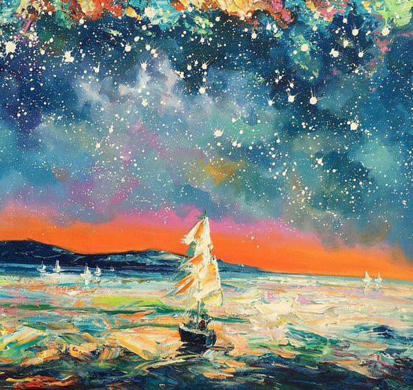 Modern Abstract Art, Oil Painting, Starry Night Sky, Landscape Painting, Bedroom Wall Art-Grace Painting Crafts