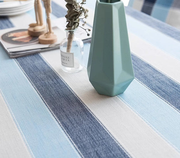 Blue Stripe Rectangular Tablecloth for Oval Table, Cotton and Linen Tablecloths, Rectangular Table Covers for Coffee Table, Modern Table Cloths for Dining Room-Grace Painting Crafts
