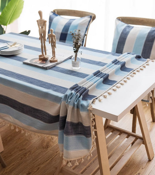 Blue Stripe Rectangular Tablecloth for Oval Table, Cotton and Linen Tablecloths, Rectangular Table Covers for Coffee Table, Modern Table Cloths for Dining Room-Grace Painting Crafts