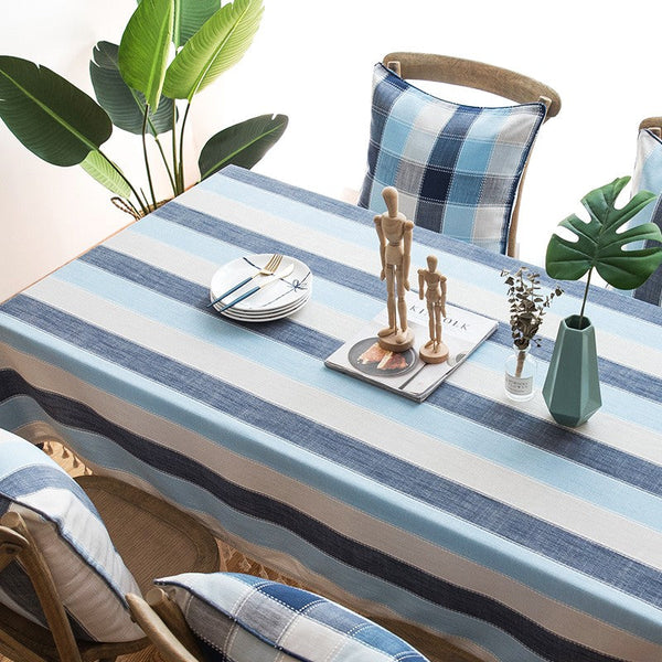 Blue Stripe Rectangular Tablecloth for Oval Table, Cotton and Linen Tablecloths, Rectangular Table Covers for Coffee Table, Modern Table Cloths for Dining Room-Grace Painting Crafts