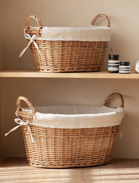 Large Kitchen Round Storage Baskets, Large Food Storage Basket with Handle, Natural Hand-woven Wicker Storage Basket for Clothes, Willow Weaving Baskets for Toys-Grace Painting Crafts