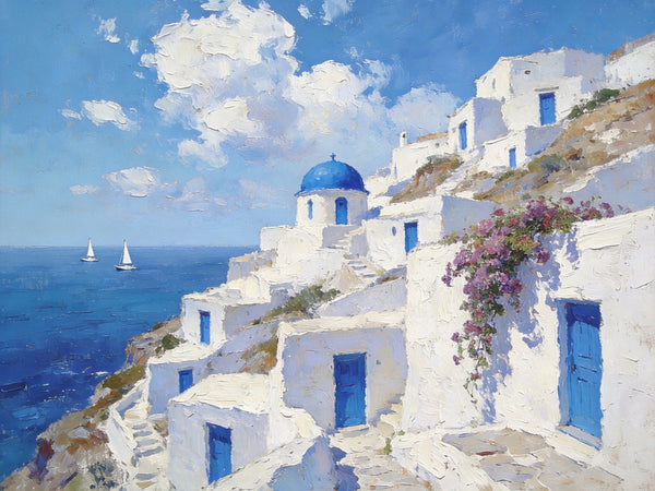 Landscape Wall Art Paintings, Santorini's Seaside Symphony, Hand Painted Canvas Art, Small Original Oil Paintings, Landscape Paintings for Living Room